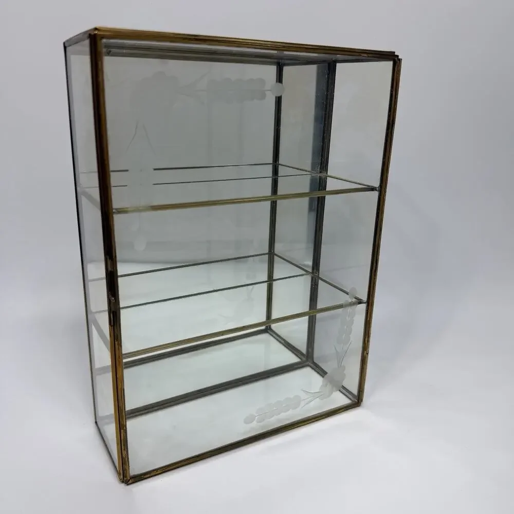 Brass Glass Mirror Curio Cabinet Shelf Wall Mount Table Top 10